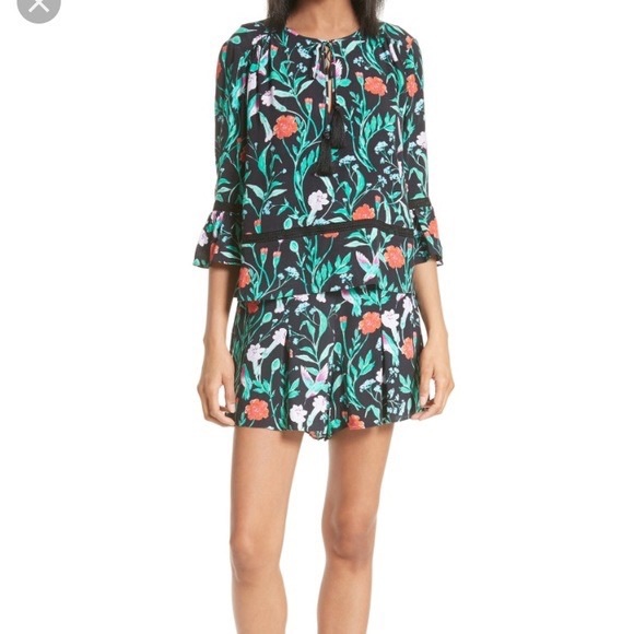 Kate Spade Romper Jardin Crepe Floral Bird Tassel Green Multicolor 10 - Picture 8 of 10